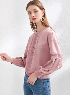 Casual Lace Beaded Patchwork Pullover Sweatshirt