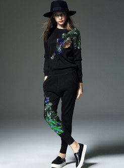 Crew Neck Peacock Pattern Knitted Pant Suits