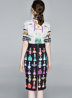 Elegant Print Lapel Bodycon Skirt Suits