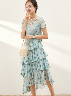 Lace Openwork Top & Print Long Cake Skirt