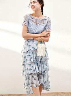 Lace Openwork Top & Print Long Cake Skirt
