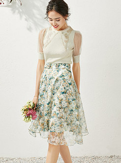 Mesh Patchwork Knit Top & Floral A-line Skirt