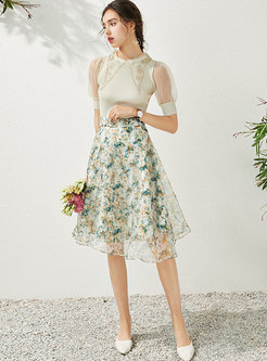 Mesh Patchwork Knit Top & Floral A-line Skirt