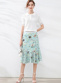 Polo Collar Knit Top & Floral Peplum Skirt
