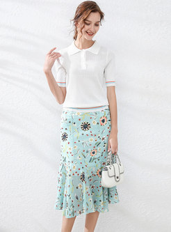 Polo Collar Knit Top & Floral Peplum Skirt