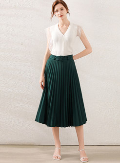 Mesh Patchwork Knit Top & Pleated Skirt