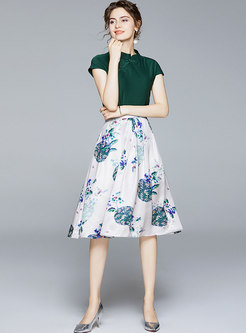 Retro Mandarin Collar Print A Line Skirt Suits