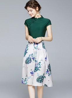 Retro Mandarin Collar Print A Line Skirt Suits