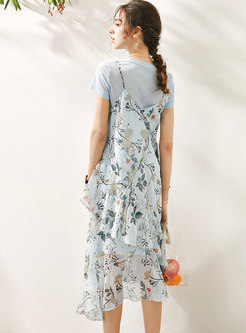 Crew Neck Pullover Floral Chiffon Two Piece Dress