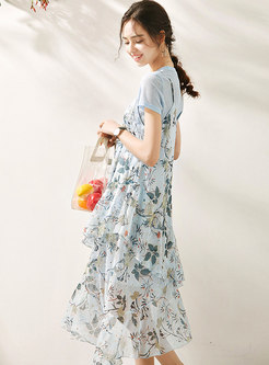 Crew Neck Pullover Floral Chiffon Two Piece Dress