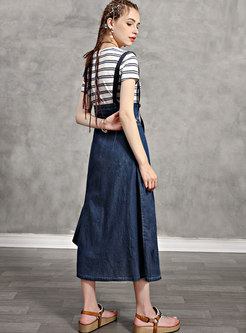 Striped Pullover Slim T-shirt & Denim A Line Skirt