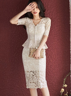 Lace Openwork Ruffle Bodycon Skirt Suits