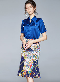 Lapel Stain Slim Shirt & Print Sheath Skirt