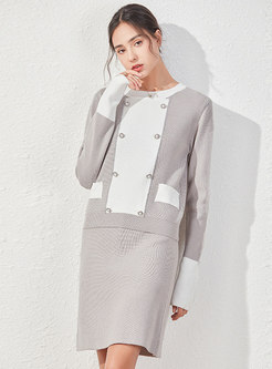 Color-blocked Pullover Knitted Straight Skirt Suits