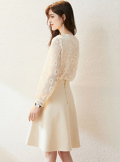 Openwork Lace Patchwork Suede A Line Skirt Suits