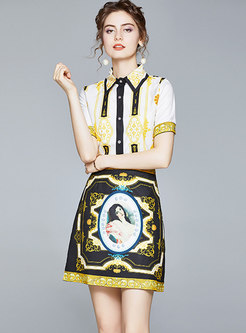 Print Lapel Slim Blouse & High Waisted Mini Skirt