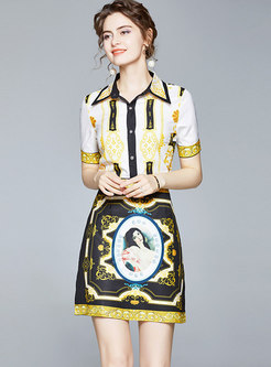Print Lapel Slim Blouse & High Waisted Mini Skirt