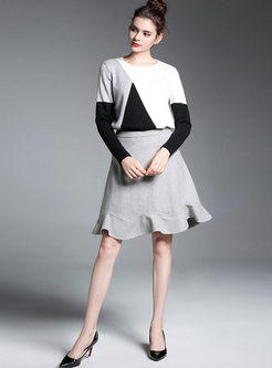 Hit Color Knitted Sweater & Falbala Woolen A-line Skirt