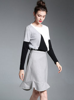Hit Color Knitted Sweater & Falbala Woolen A-line Skirt