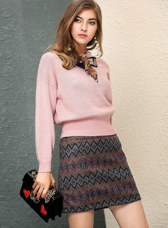 Pink O-neck Pullover Sweater & Print Mini Skirt