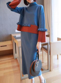 Patchwork Color-blocked Falbala Knit Suit Dress