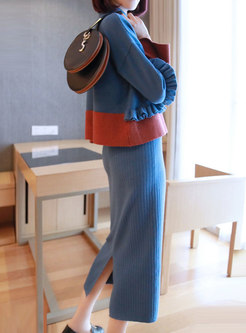 Patchwork Color-blocked Falbala Knit Suit Dress