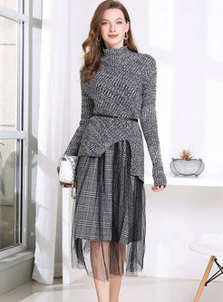 Turtleneck Asymmetric Sweater Mesh Suit Dress