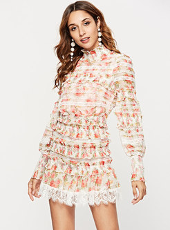 Print Ruffle Collar Top & High Waisted Layered Skirt