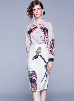 Elegant Print Lapel Bodycon Suit Dress