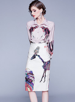 Elegant Print Lapel Bodycon Suit Dress