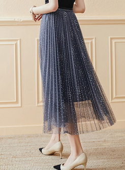 Mesh Patchwork Pleated A Line Maxi Skirt