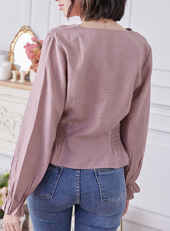 V-neck Single-breasted Ruffle Solid Blouse
