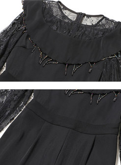 Black Transparent Mesh Lace Fringed Jumpsuits