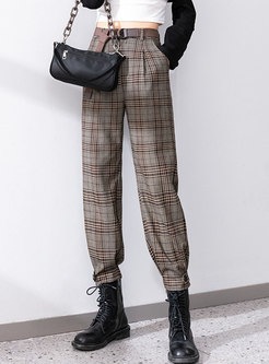 High Waisted Plaid Casual Ankle-tied Pants