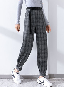 High Waisted Plaid Casual Ankle-tied Pants
