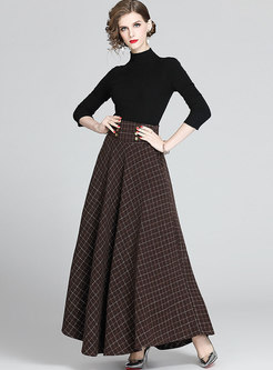 Long Sleeve Knitted Plaid A Line Suit Dress
