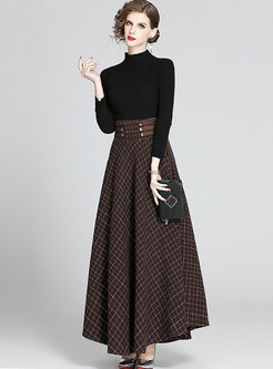 Long Sleeve Knitted Plaid A Line Suit Dress