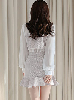 Long Sleeve Patchwork Peplum Skirt Suit