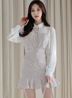 Long Sleeve Patchwork Peplum Skirt Suit