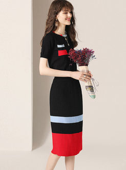 Color-blocked Slim Knit Top & Midi Skirt