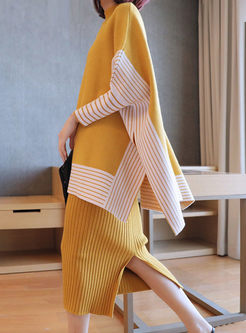 Turtleneck Pullover Striped Sweater Suit Dress