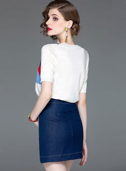 O-neck Color-blocked Top & Patchwork Mini Skirt