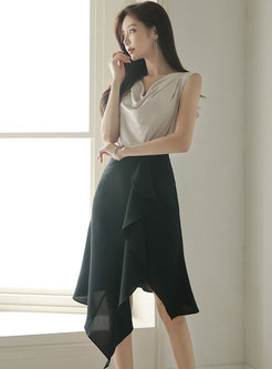 Cowl Neck Sleeveless Top & Asymmetric Midi Skirt