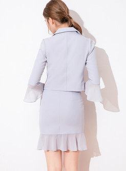 Work Flare Sleeve Ruffle Mini Skirt Suits