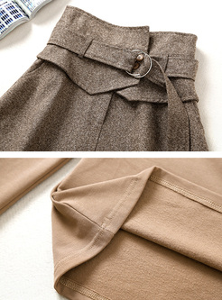 Turtleneck Patchwork Color-blocked Belted Skirt Suits
