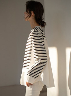 Crew Neck Striped Patchwork Pullover T-shirt