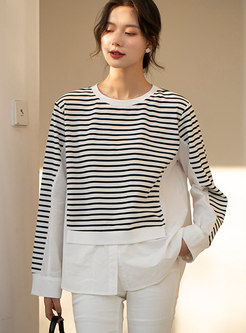 Crew Neck Striped Patchwork Pullover T-shirt