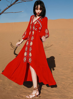 Bohemian V-neck Embroidered Beach Maxi Dress