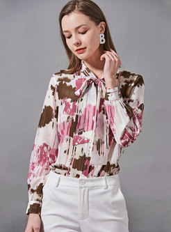 Bowknot Print Silk Single-breasted Blouse