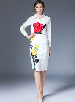 White Lapel Print Knee-length Skirt Suits